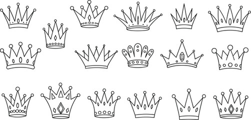 Hand drawn royal crown doodle collection with cute decorative king and queen tiara vector illustrations © MstMukta