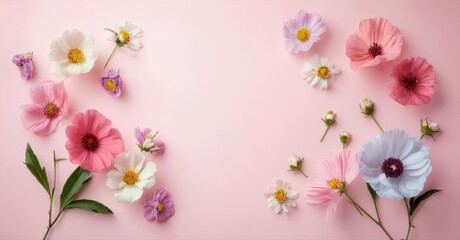 Fototapeta premium Floral arrangement. Delicate cosmos blooms scattered across soft pink background. Gentle colors, simple composition.