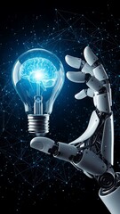 Robotic Hand Holding a Light Bulb with a Brain Inside Against a Dark Background