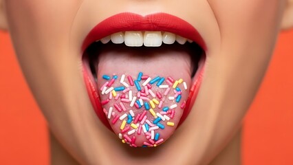 Person with Colorful Sprinkles on Tongue and Red Lipstick