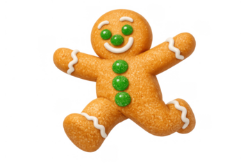 Gingerbread man cookie running with green buttons and white icing, a seasonal holiday dessert with transparent background