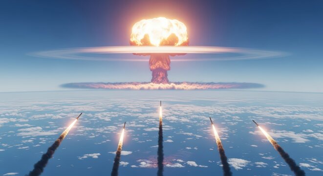 Global Nuclear Apocalypse with an Atomic Explosion Above Earth and Missiles Launching from Below