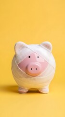 Pink Piggy Bank Wrapped in White Bandages on Yellow Background