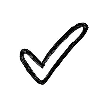 A crudely drawn, white chalk checkmark on a deep black background, conveying approval