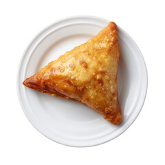 Golden-brown triangular pastry sits alone on a white plate, aerial view
