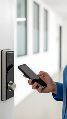 Person Using Smartphone to Unlock Digital Door Lock in Office Corridor