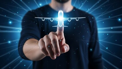 Person Touching Virtual Airplane on Digital Screen with Blue Light Effects