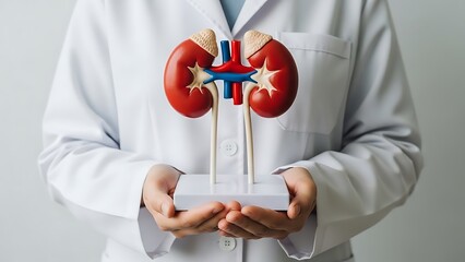Person in white lab coat holding a model of two red kidneys with blue and yellow stars