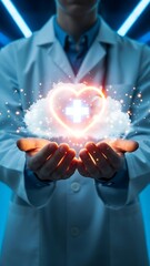 Person in White Lab Coat Holding Glowing Heart with Medical Symbol