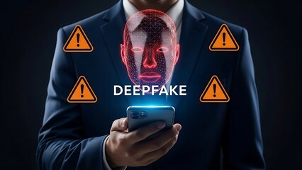 Person in suit holding smartphone with deepfake hologram and warning signs