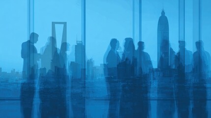 Fototapeta premium A silhouette of business professionals against a blue city skyline, suggesting collaboration and urban settings.