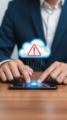 Person in suit using smartphone with cloud and warning sign