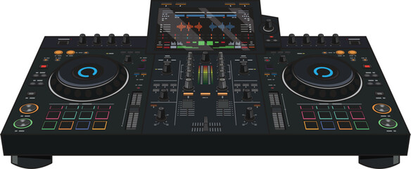 DJ Mixer Controller Illustration with Mixing Deck and Screen isolated © Putra
