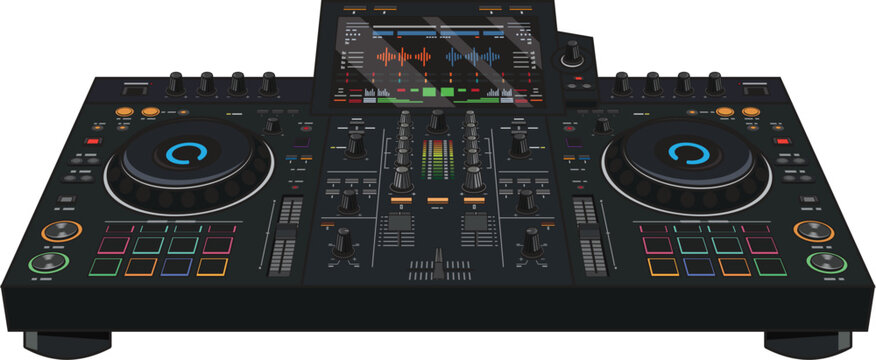 DJ Mixer Controller Illustration with Mixing Deck and Screen isolated
