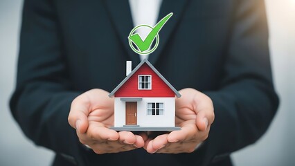 Person in suit holding a small house model with a green checkmark above it