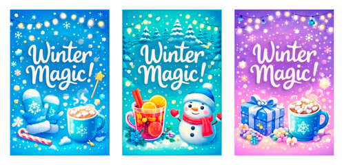 Obraz premium Winter magic cards, festive colorful vector set. Three bright cute cliparts