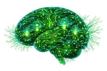 Glowing green brain with intricate circuit patterns and light points, visualizing artificial intelligence, technology, and data processing. Transparent background