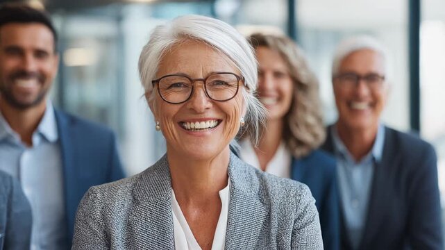 Smiling older woman in professional attire with colleagues in background.