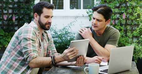 Outdoor, men or business with tablet, talking or reading together with website info. Planning, tech...