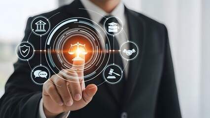 Businessman using digital interface with connectivity and technology highlights on a virtual screen