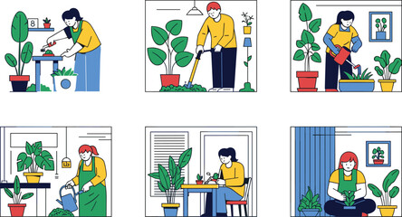 Indoor gardening lifestyle vector set with people caring for houseplants watering potting and home plant activities isolated © MstMukta