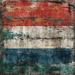 Obraz premium A weathered wooden surface featuring the colors of the Dutch flag: red, white, and blue, with visible texture and peeling paint.