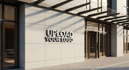 Modern building facade with blank signboard for logo upload.
