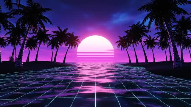 A serene digital landscape of palm trees and ocean at dusk with a grid pattern and neon lights reflecting on the water