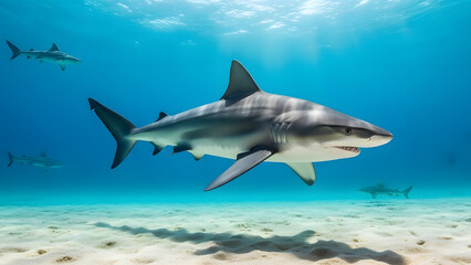 Fototapeta premium A shark swimming in the shallow water near the sandy beach