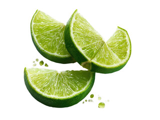 Three lime wedge slices, illuminated, floating above juice droplets