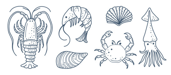 A simple set of seafood themed elements in colored and outline styles. Ideal for modern packaging and creative layouts. © Elena
