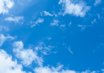 Blue sky background,soft white clouds for Summer,Spring banner.Beautiful bright light clear vibrant atmosphere for natural backdrop.Peaceful serene of sunny day with light cloud formation