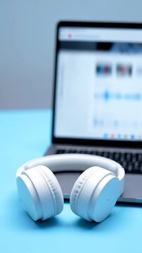 White headphones rest on a laptop showing a music player interface