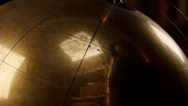 Antique brass celestial globe showing a blurred reflection of a hooded figure moving silently in its distorted convex surface, paranoia and unseen observer atmosphere