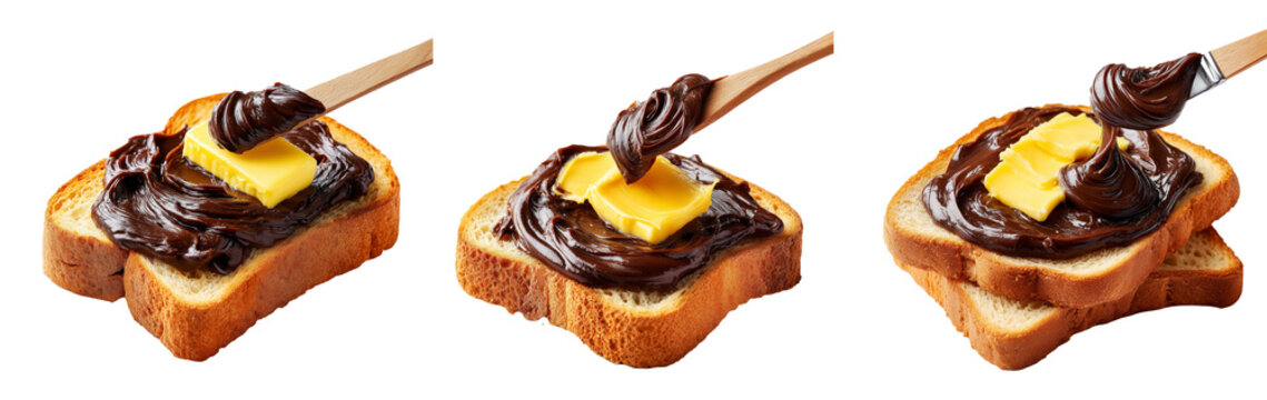 Vegemite Toast bread slices with thick chocolate spread, isolated on white background, concept of Australia breakfast or snack