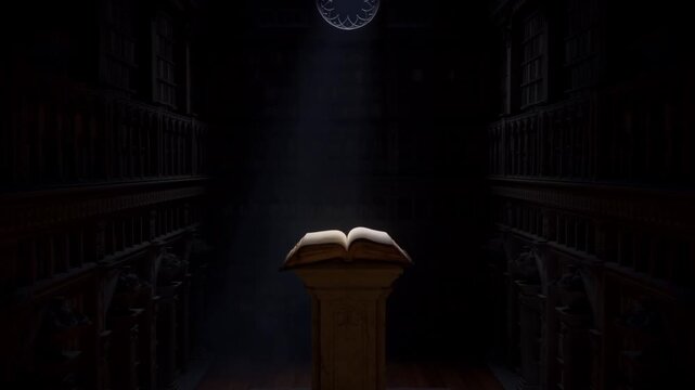 Vast empty library at night where a single beam of cold moonlight from a circular window illuminates one ancient open book on a central stone podium, mysterious and cinematic atmosphere