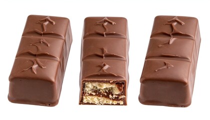 Obraz premium Three chocolate-covered candy bars, one partially cut, showing layered filling