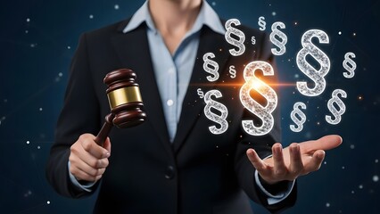 Businessperson in a suit holding a gavel with legal symbols floating around them
