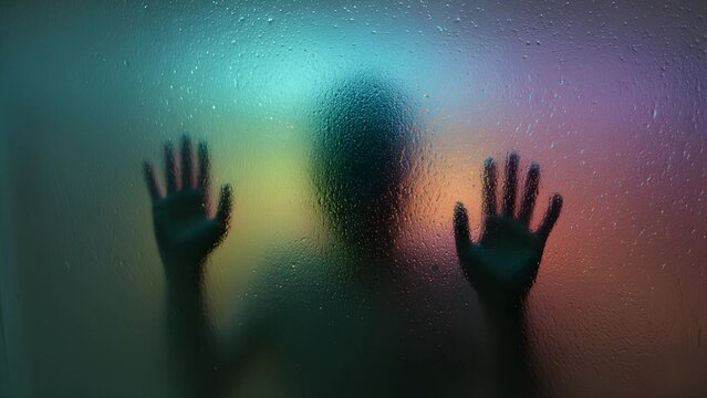 Person trapped behind a textured, colorful foggy glass pane mystery, isolation, fear silhouette. Obscured face shadow figure scary. Halloween ghosts, child abuse. 