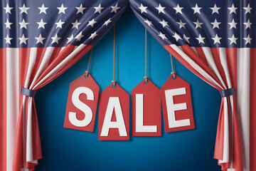 National holidays presidents day sale promotion with patriotic theme featuring dangling sale tags from american flag