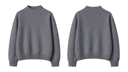 Elegant Dark Gray Mock Neck Sweater, Front and Back Views, Isolated on Transparent Background