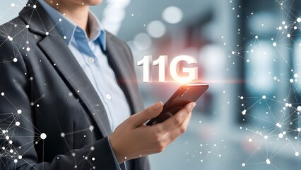 Businesswoman using smartphone displaying 11g technology hologram in modern office setting