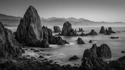 Monochromatic Rocky Shoreline Landscape with Prominent Jagged Rock Formations Calm Water and Distant Hills Under a Soft Sky in a Serene Coastal Scene