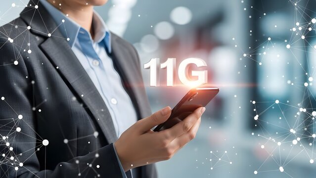 Businesswoman using smartphone displaying 11g technology hologram in modern office setting