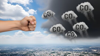 Clenched fist symbolizes the fight against rising co2 emissions in a polluted cityscape.