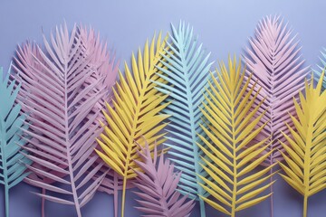 Pastel Palm Leaf Array Against Light Purple Background Rendering