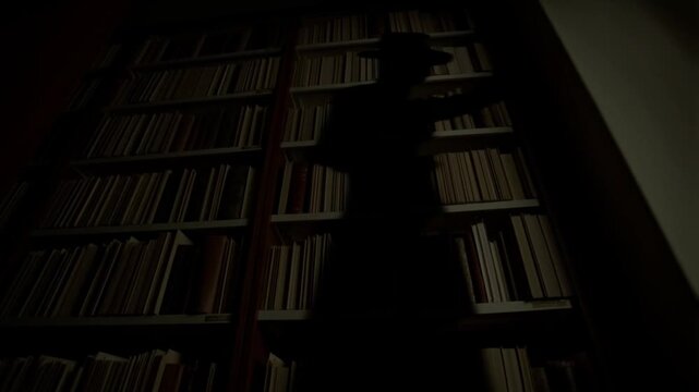 Narrow library aisle showing a distorted elongated shadow of a figure with a hat cast on a bookshelf wall by an unseen light source, chiaroscuro lighting, sense of being watched atmosphere
