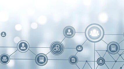 Digital icons connected in a network diagram on a blurred background