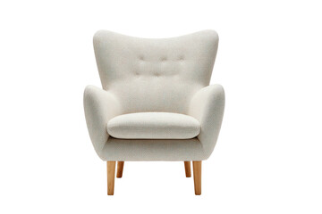 Cream armchair with tufted back and wood legs on a black background
