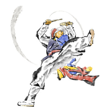 한국의 민족 축제 공연. 밝은 색의 수트를 입은 음악가와 무용수들이 전통 한국 민속 놀이인 풍물놀이 또는 사물놀이 공연을 하고 있습니다.